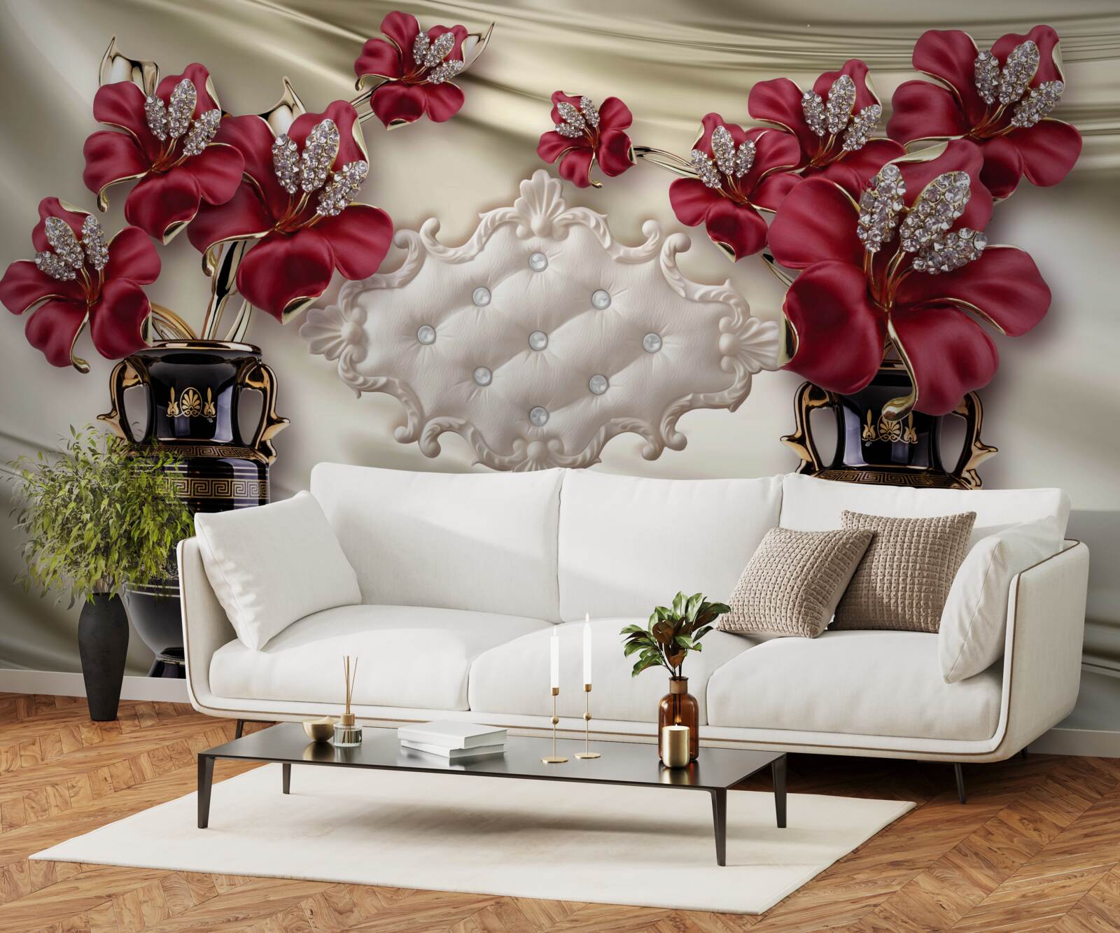 Fotobehang zwarte vazen met rode lelies