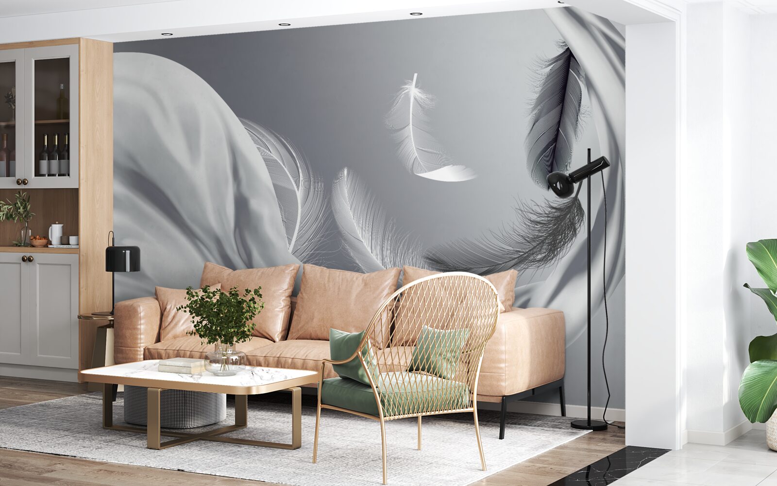 Fotobehang gedraaide, glanzend witte veren