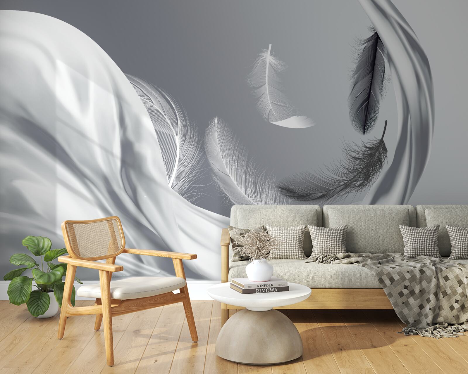 Fotobehang gedraaide, glanzend witte veren