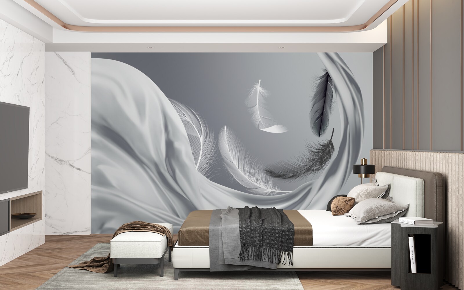 Fotobehang gedraaide, glanzend witte veren