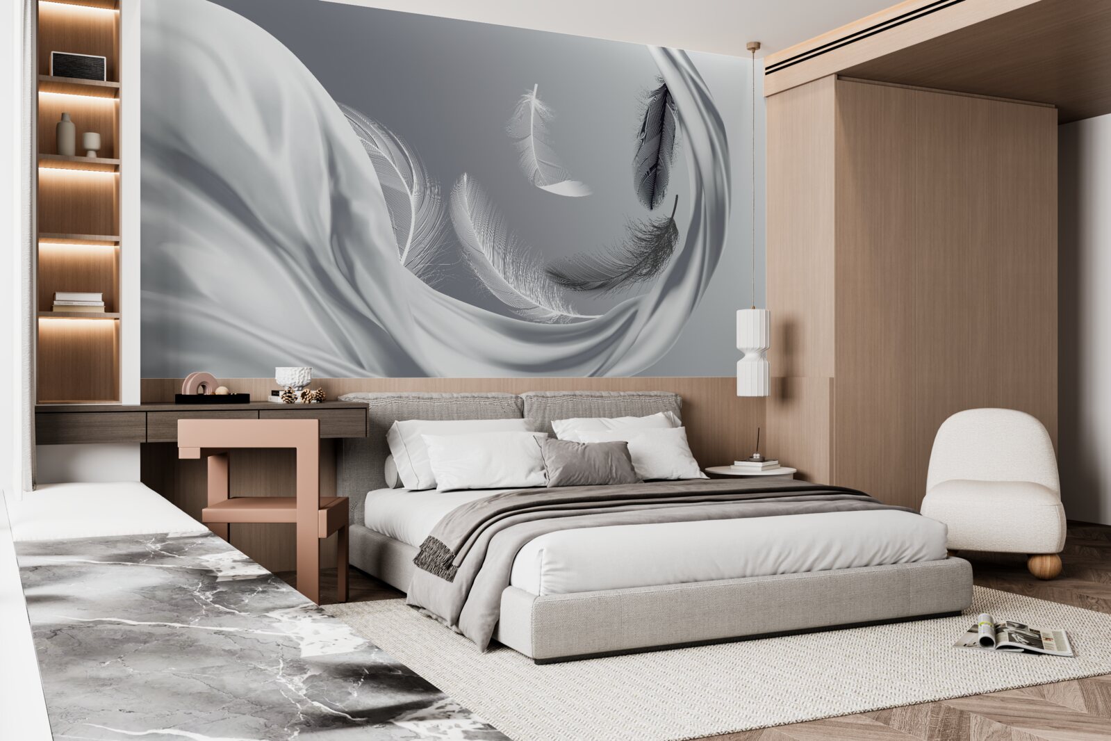 Fotobehang gedraaide, glanzend witte veren