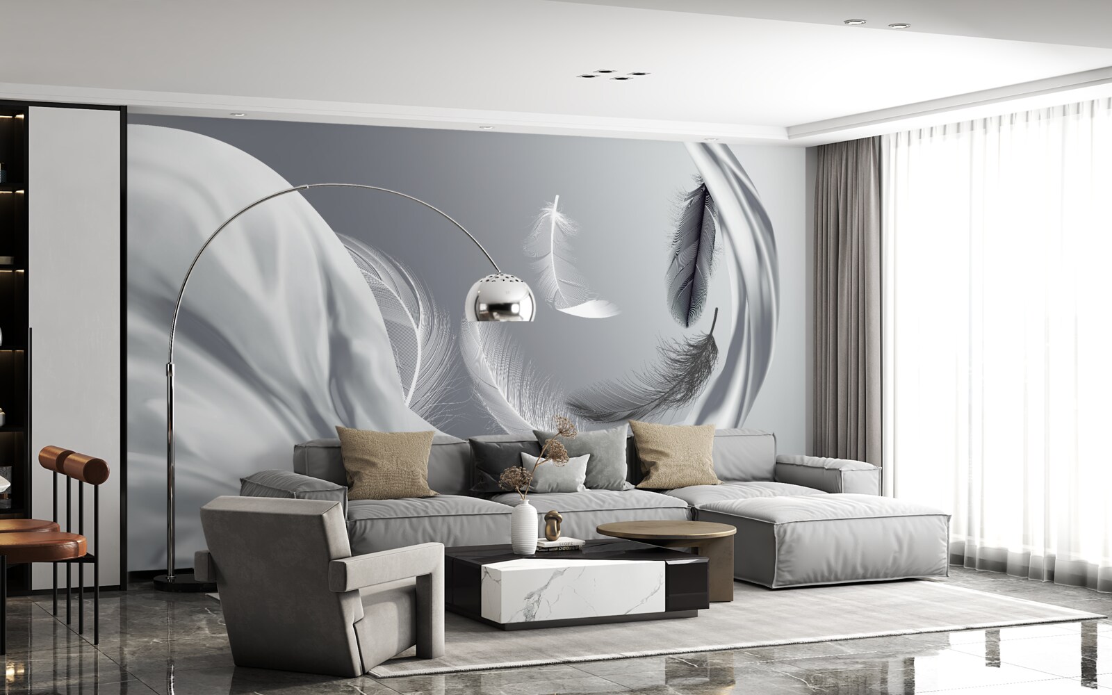 Fotobehang gedraaide, glanzend witte veren