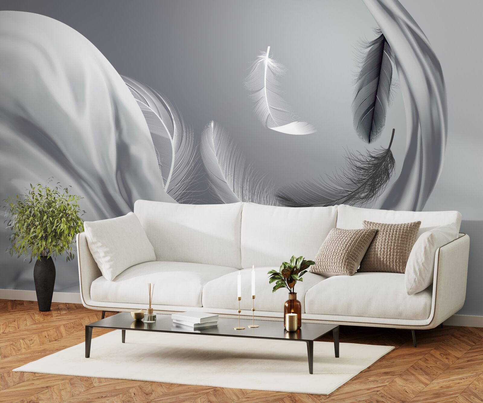 Fotobehang gedraaide, glanzend witte veren