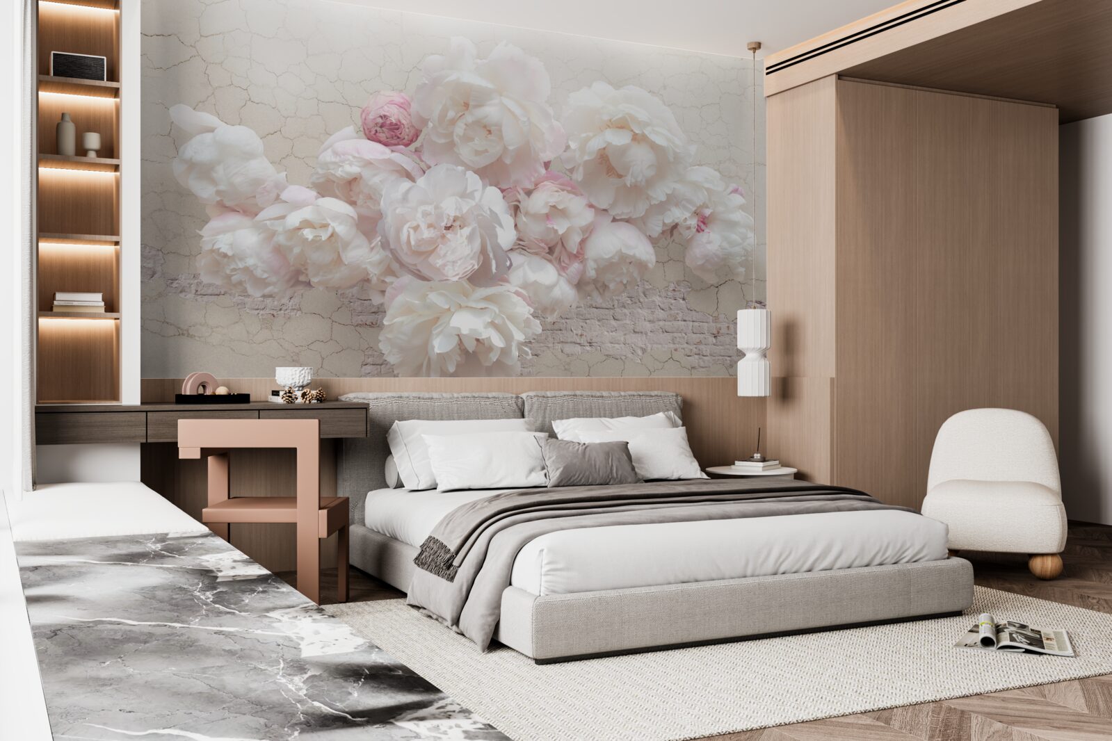 Fotobehang zachte pioenrozen in wit en roze