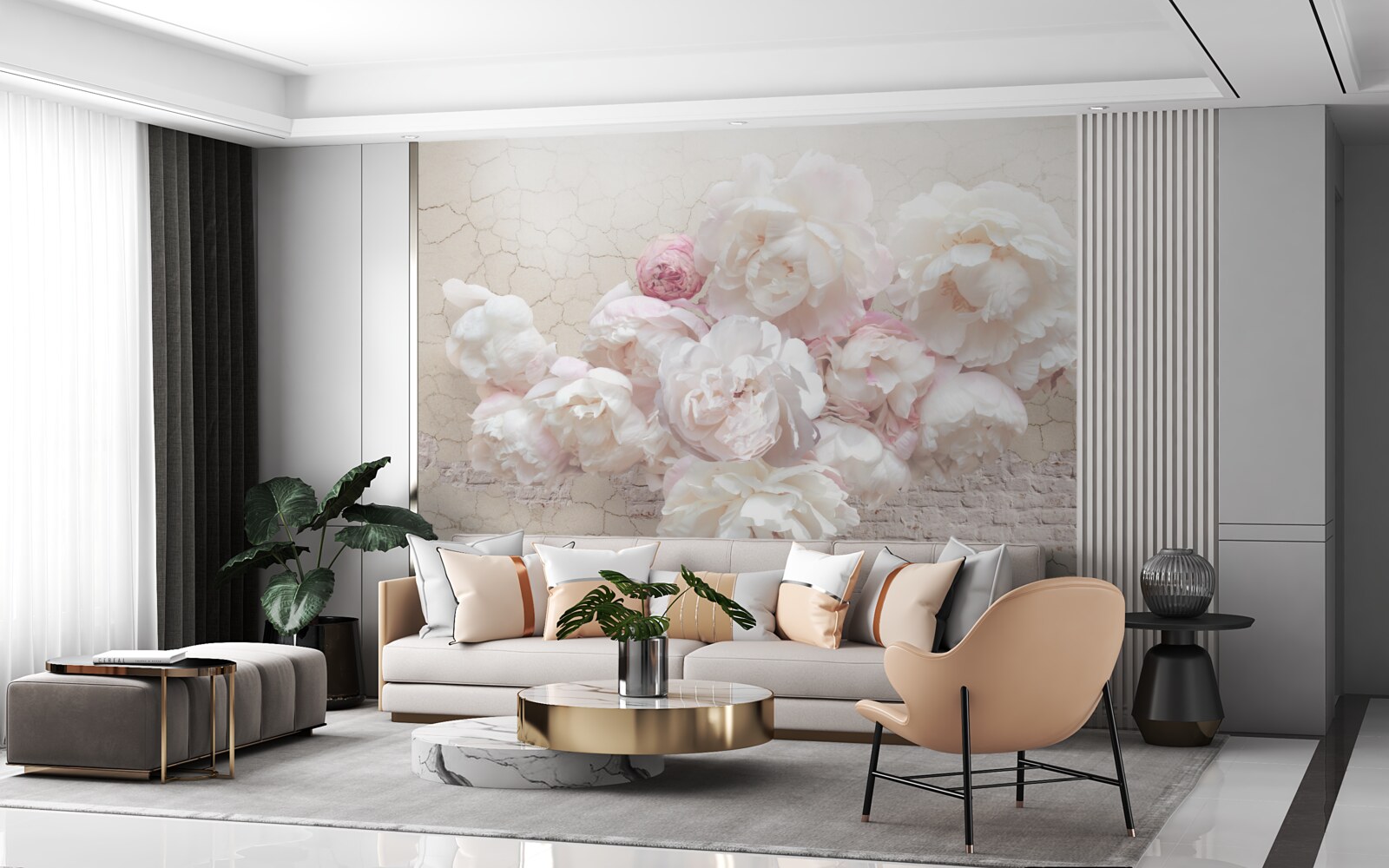 Fotobehang zachte pioenrozen in wit en roze