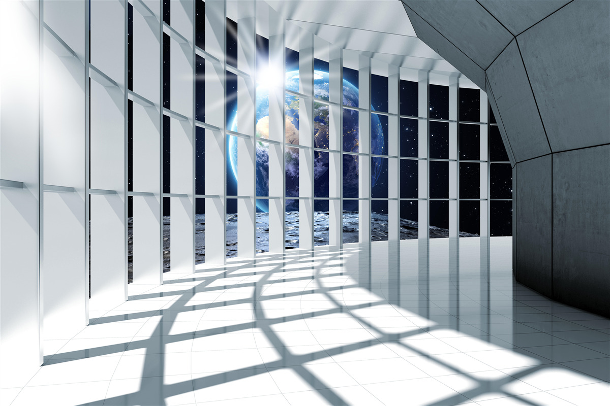 Fotobehang Licht van de planeet dringt door de doorgang van het gebouw