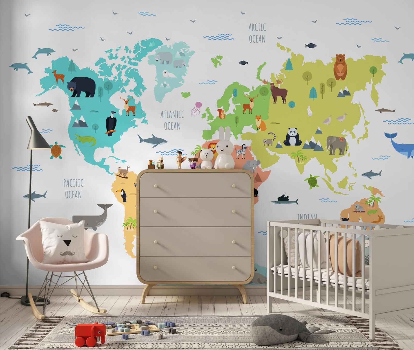 Fotobehang veelkleurige wereldkaart met faunavertegenwoordigers