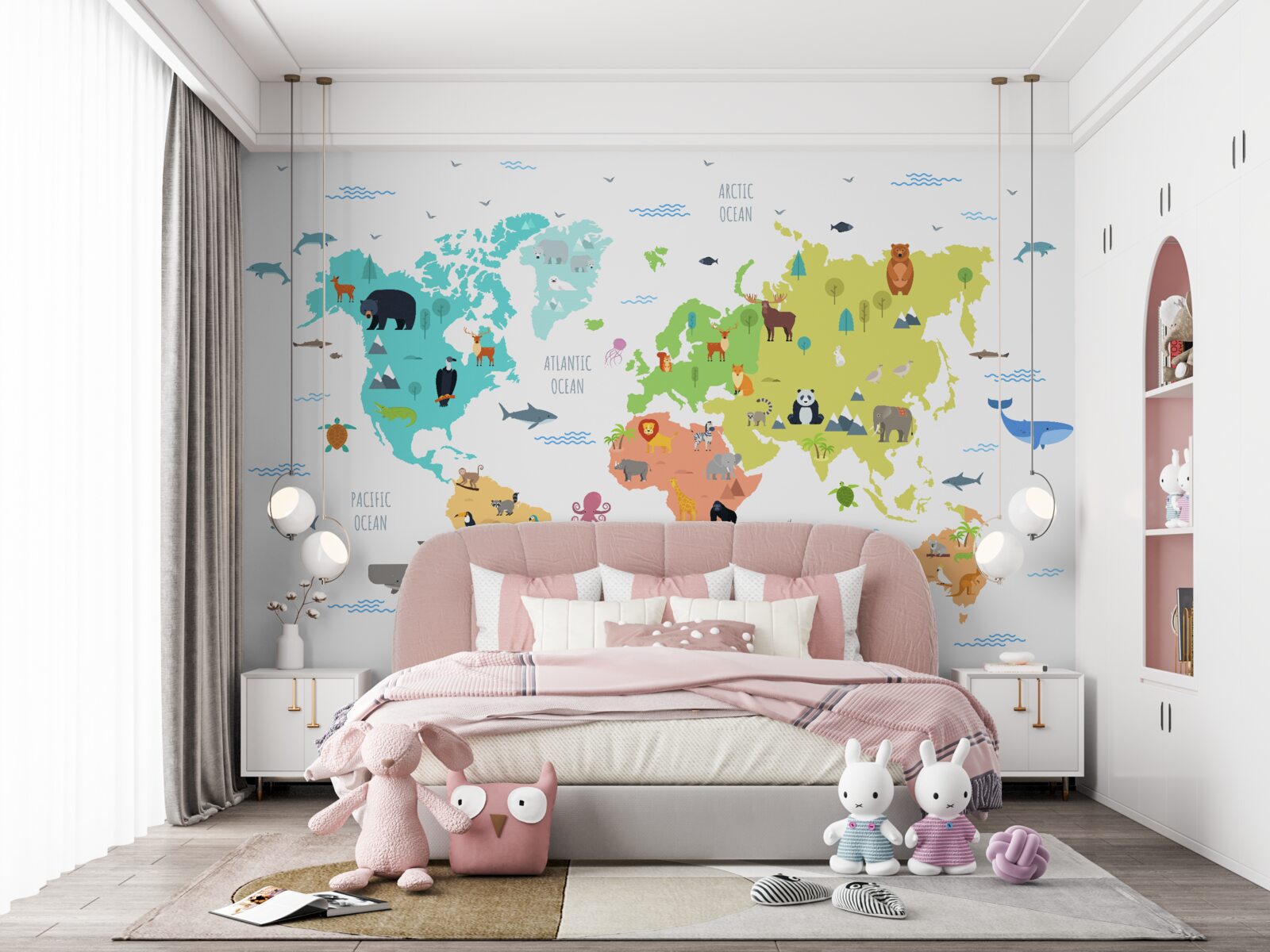 Fotobehang veelkleurige wereldkaart met faunavertegenwoordigers