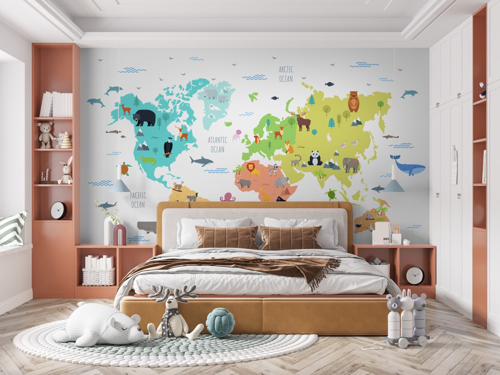 Fotobehang veelkleurige wereldkaart met faunavertegenwoordigers