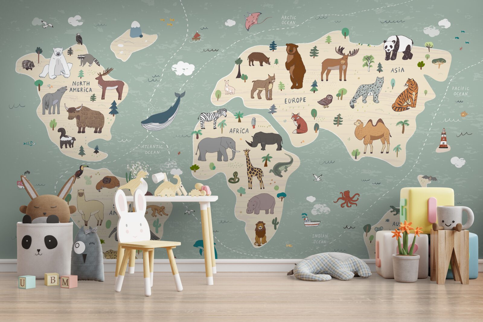 Fotobehang de wereldkaart toont een veelheid aan verschillende dieren