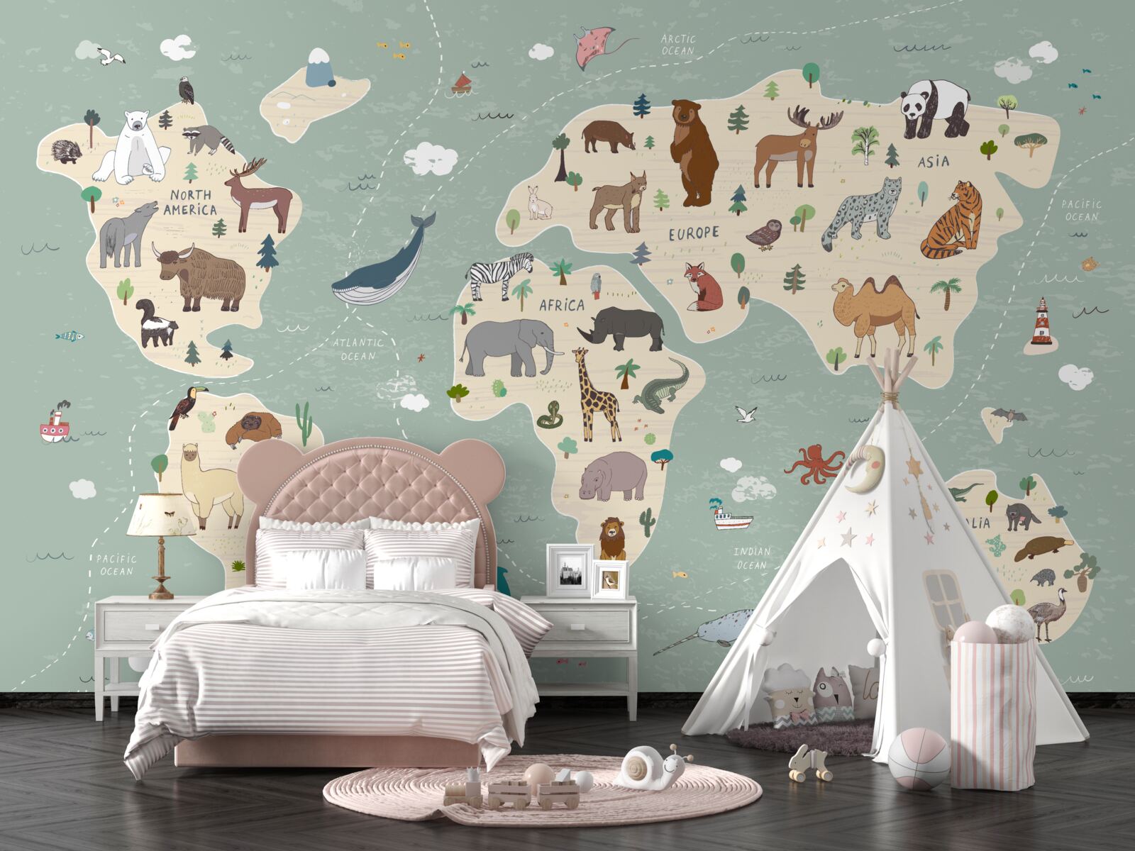 Fotobehang de wereldkaart toont een veelheid aan verschillende dieren