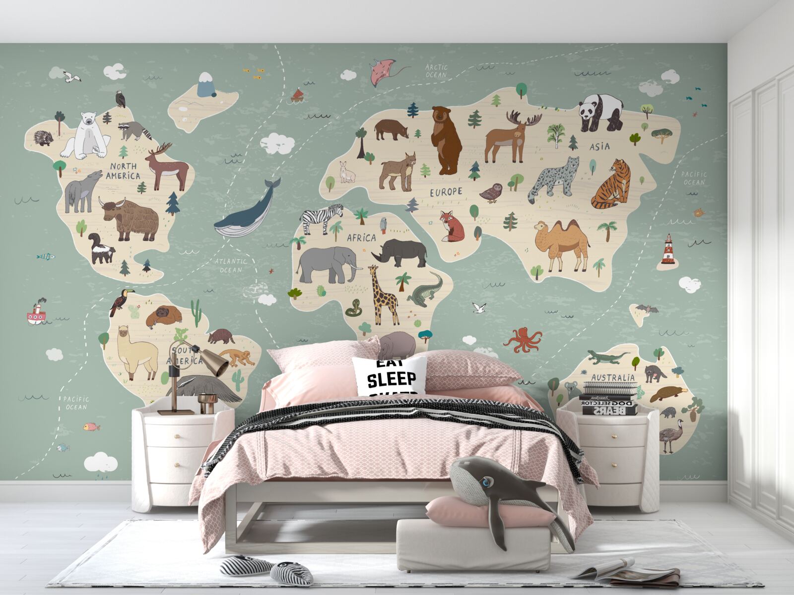 Fotobehang de wereldkaart toont een veelheid aan verschillende dieren