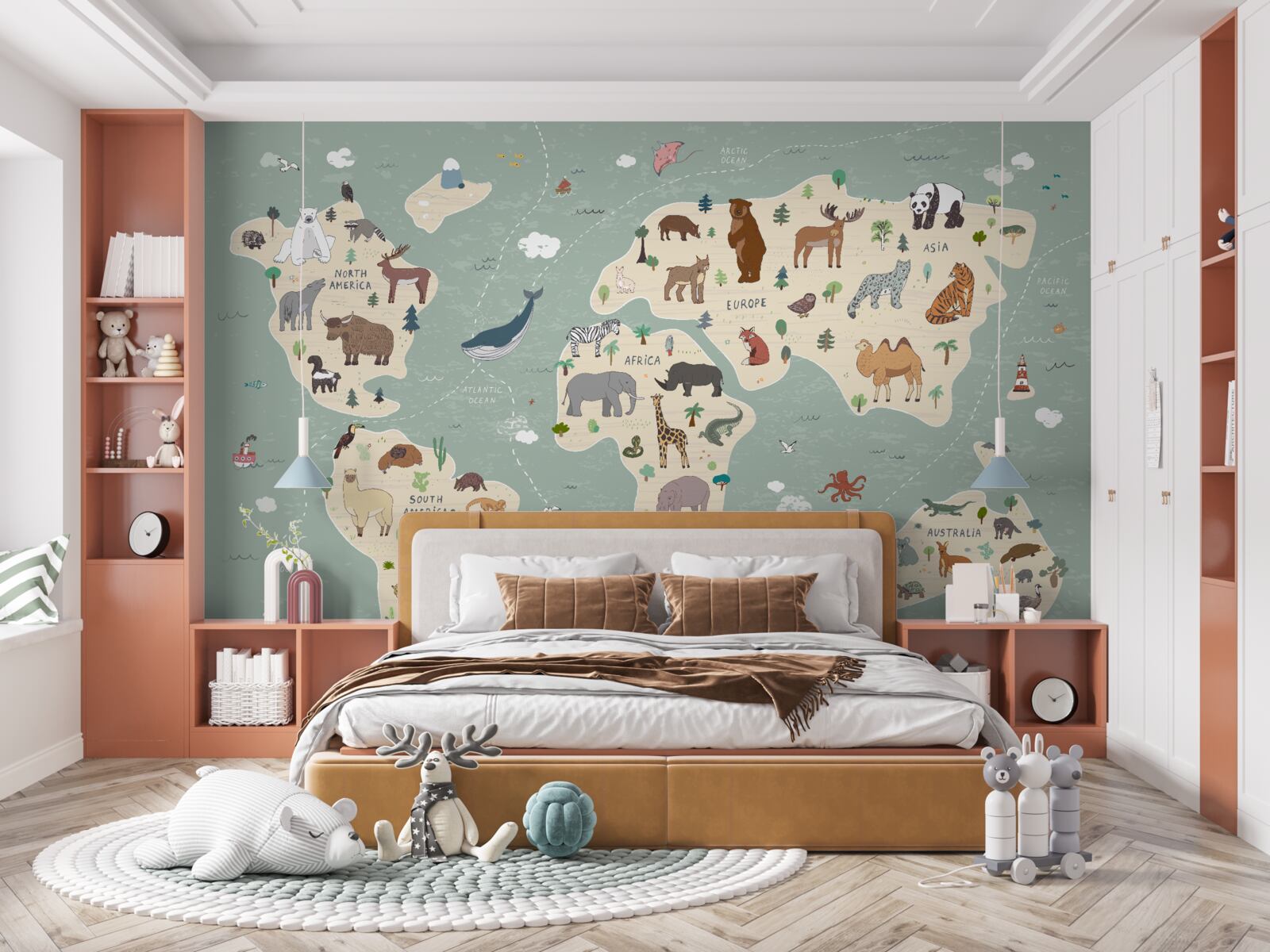 Fotobehang de wereldkaart toont een veelheid aan verschillende dieren