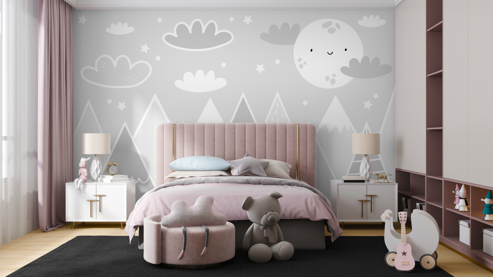 Fotobehang boven de bergtoppen hangt een heldere maan met een gezicht