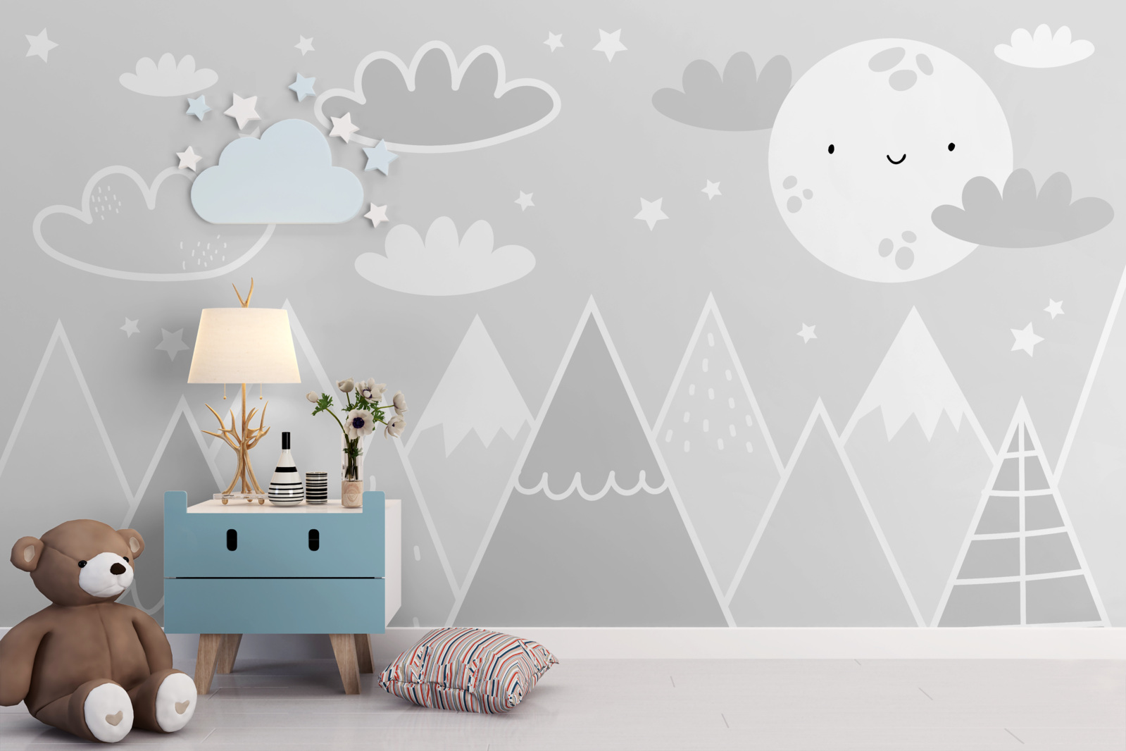 Fotobehang boven de bergtoppen hangt een heldere maan met een gezicht