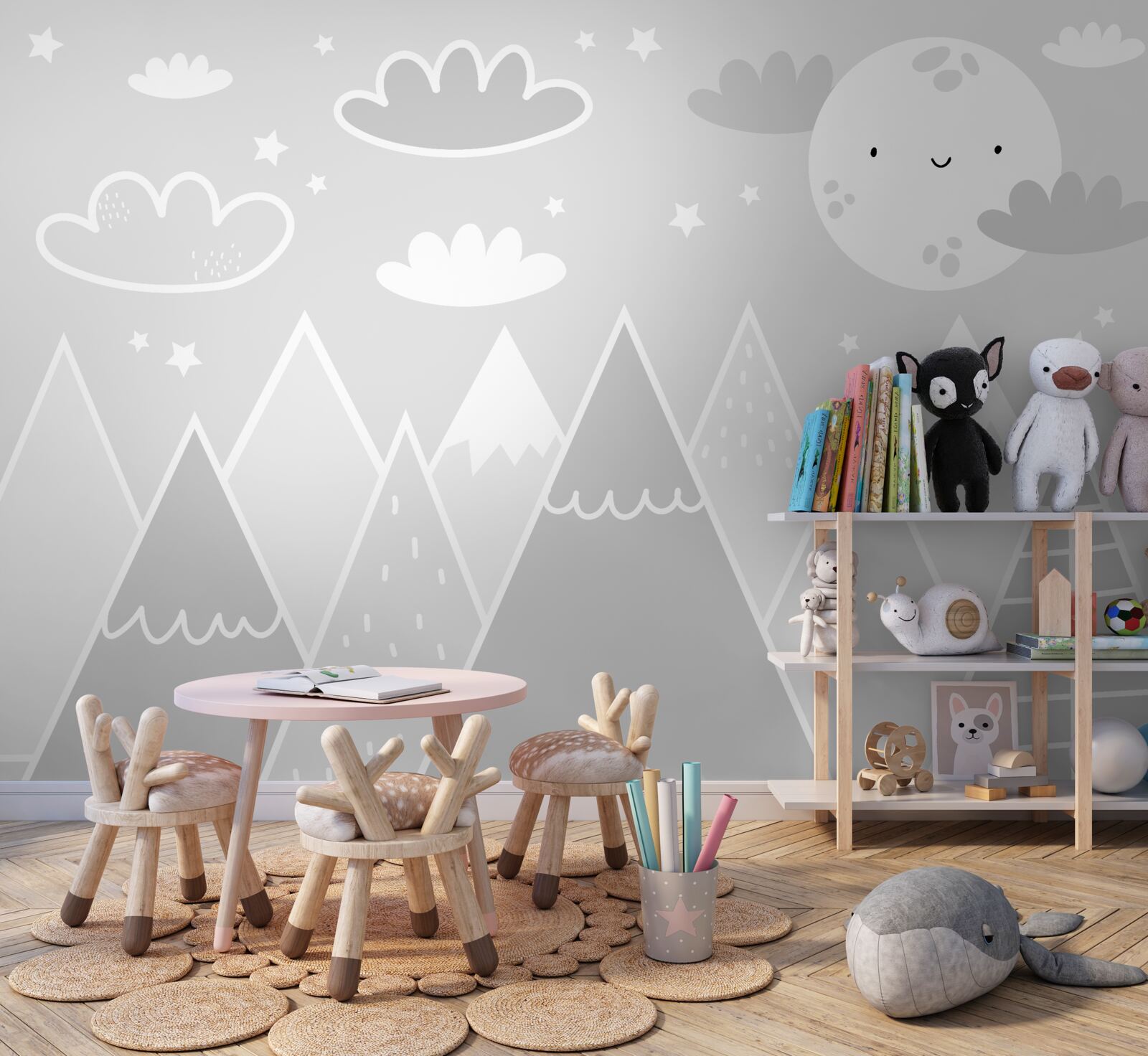 Fotobehang boven de bergtoppen hangt een heldere maan met een gezicht