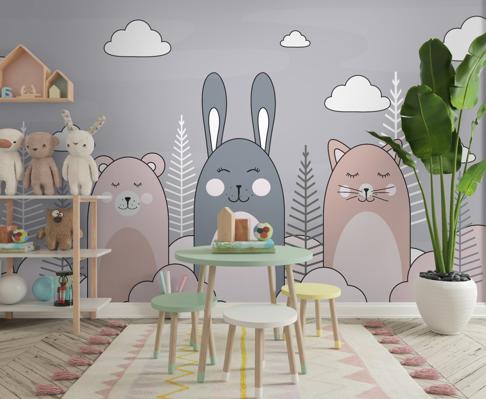 Fotobehang een kitten, een beer en een haas omringd door koppelingen