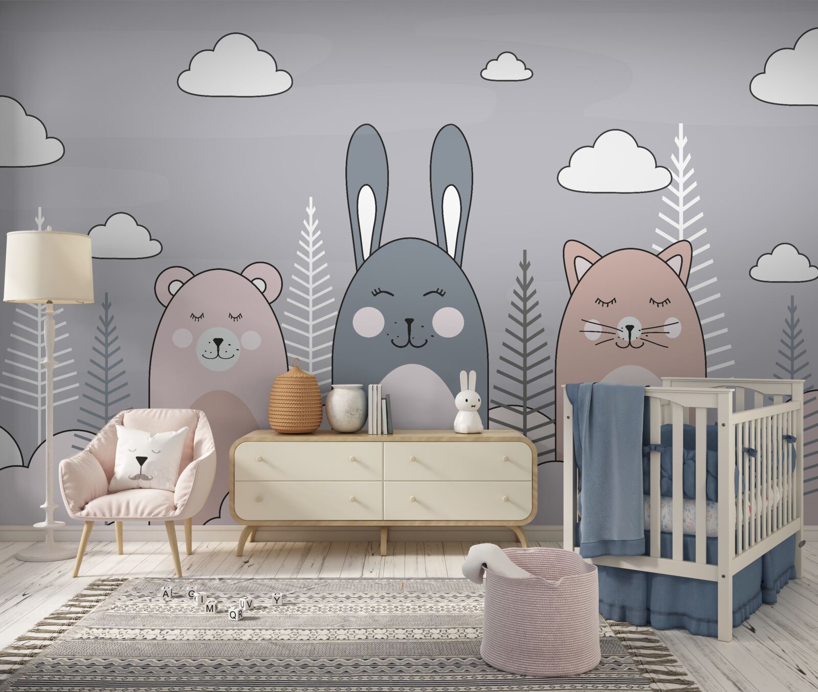 Fotobehang een kitten, een beer en een haas omringd door koppelingen