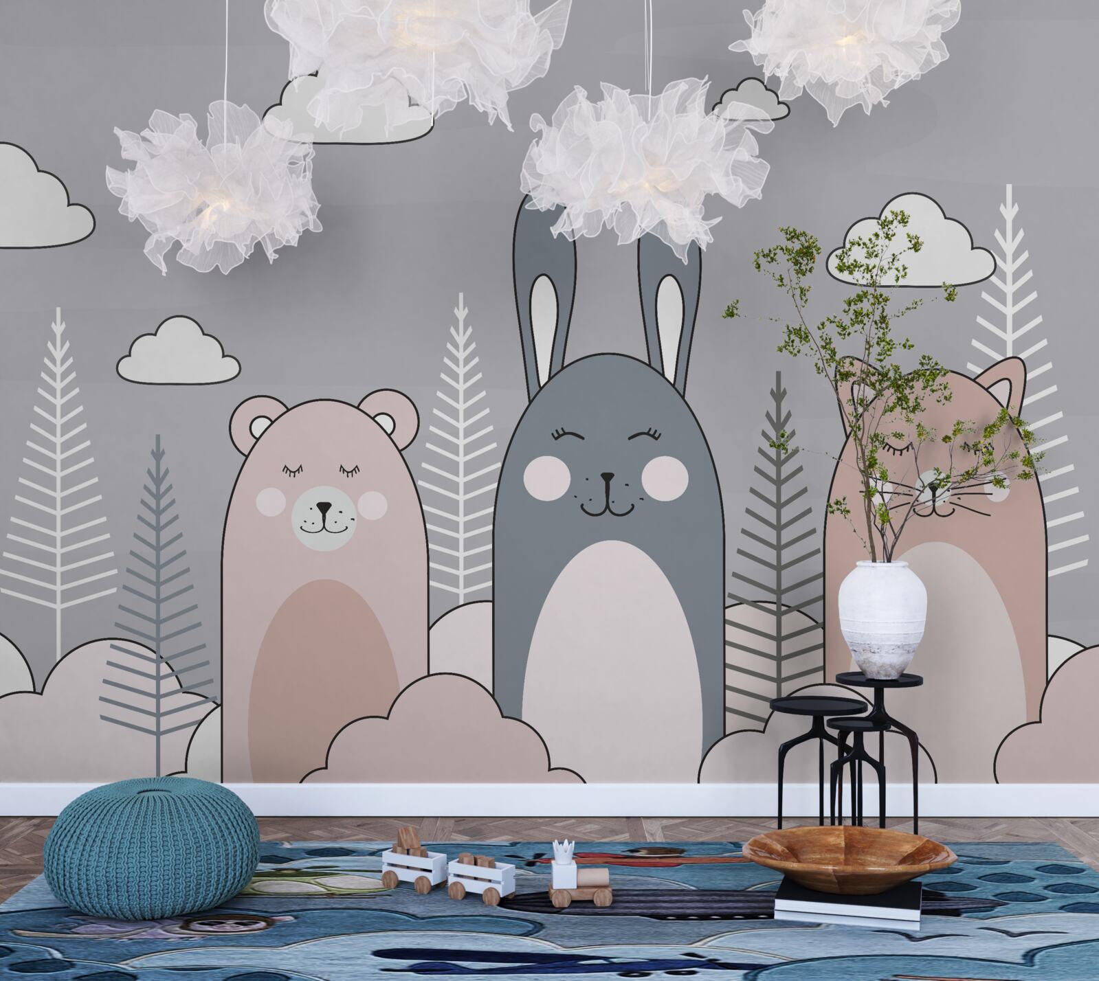 Fotobehang een kitten, een beer en een haas omringd door koppelingen