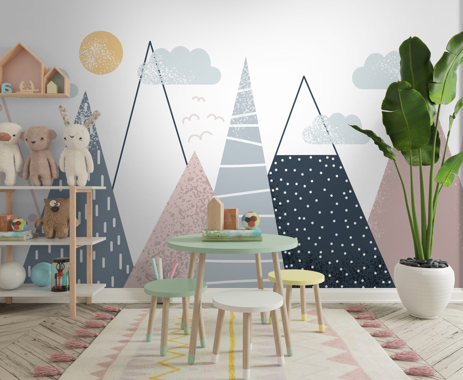 Fotobehang bergtoppen worden verlicht door de zon