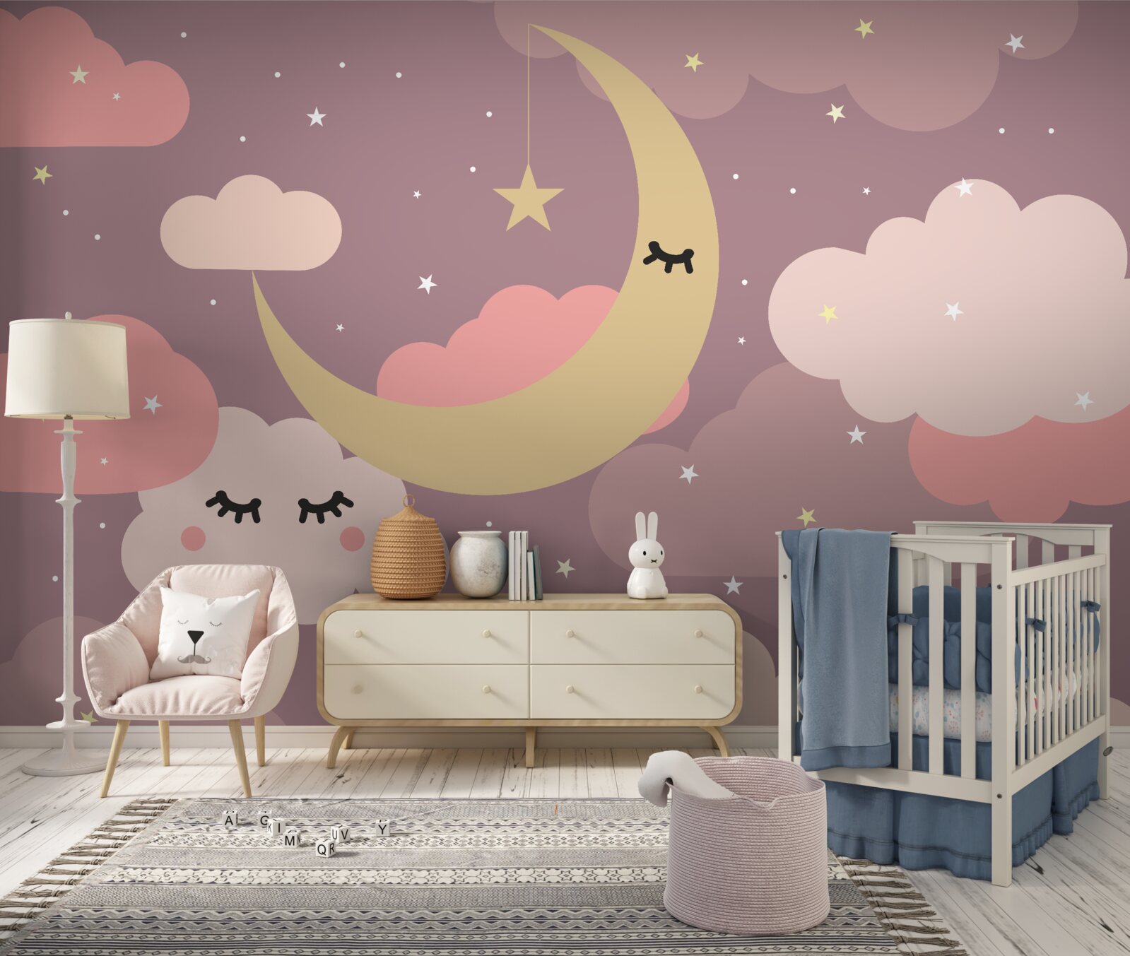 Fotobehang de maan en een klein wolkje met ogen