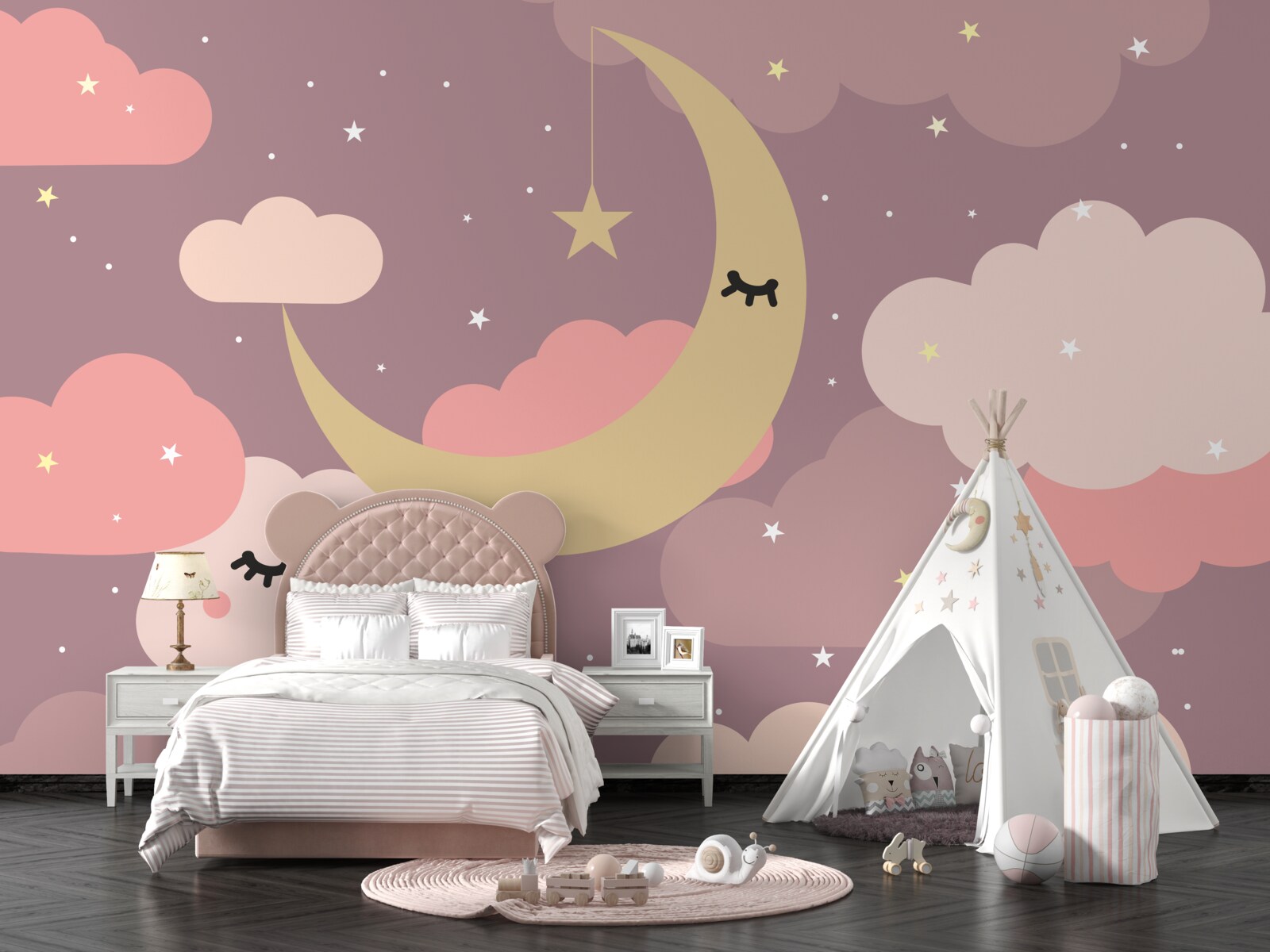 Fotobehang de maan en een klein wolkje met ogen