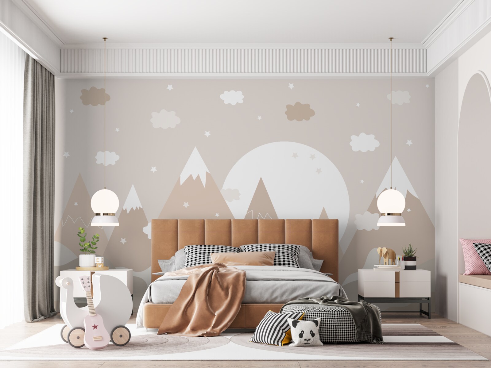 Fotobehang pieken afgebeeld op canvas en volle maan die schijnt