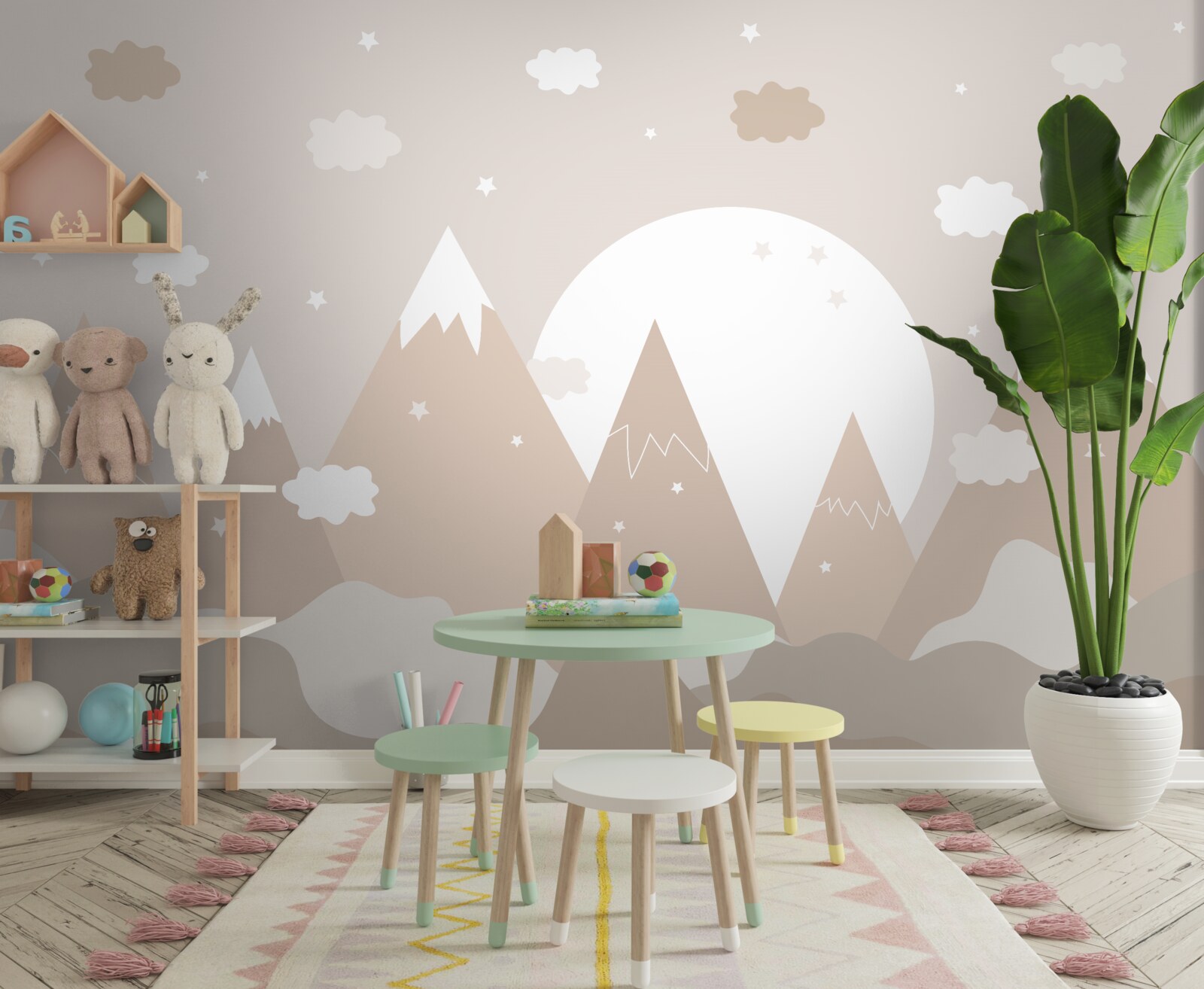 Fotobehang pieken afgebeeld op canvas en volle maan die schijnt