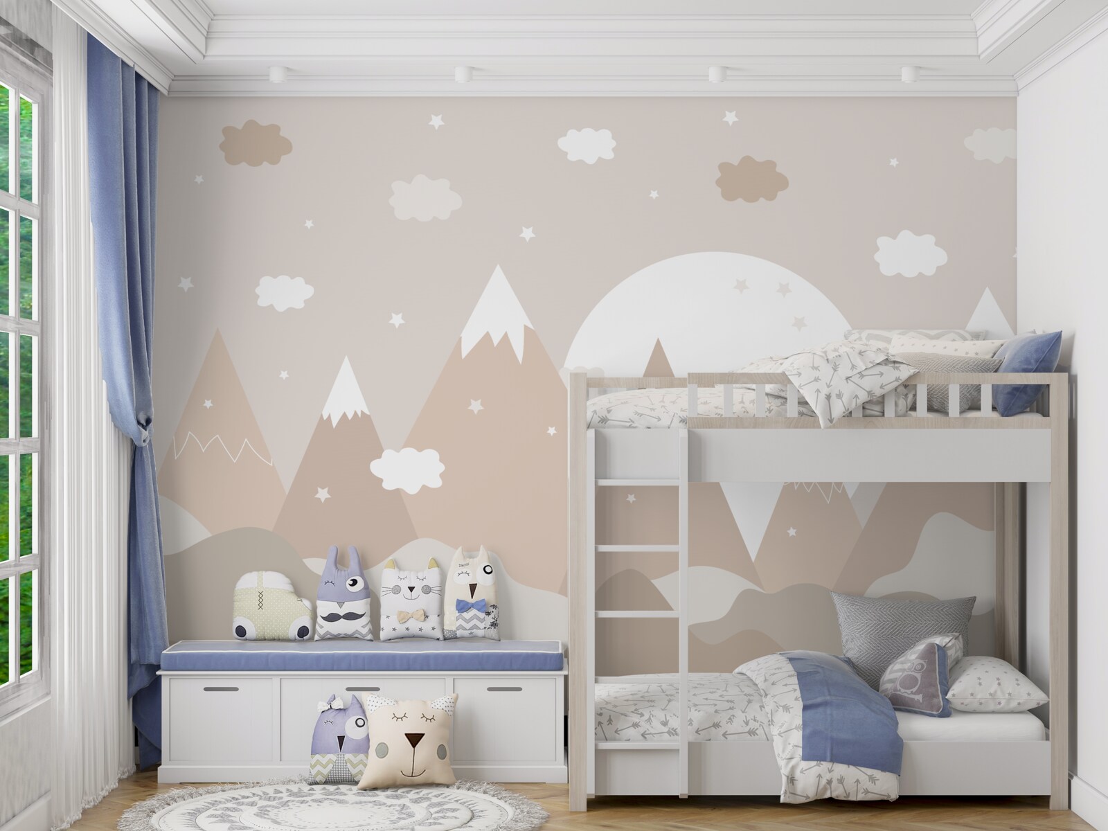 Fotobehang pieken afgebeeld op canvas en volle maan die schijnt