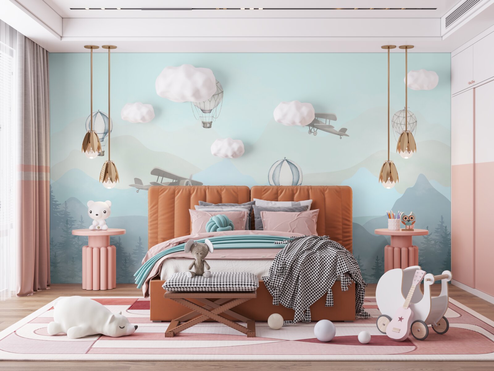 Fotobehang bergtoppen, ballonnen en vliegtuigen in de lucht