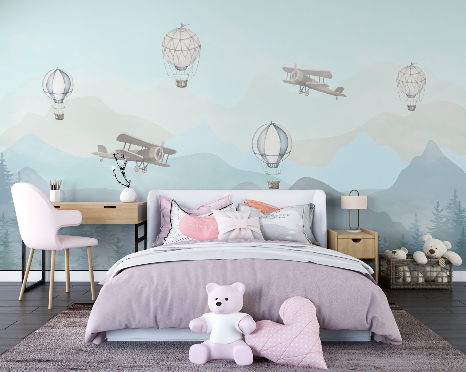 Fotobehang bergtoppen, ballonnen en vliegtuigen in de lucht