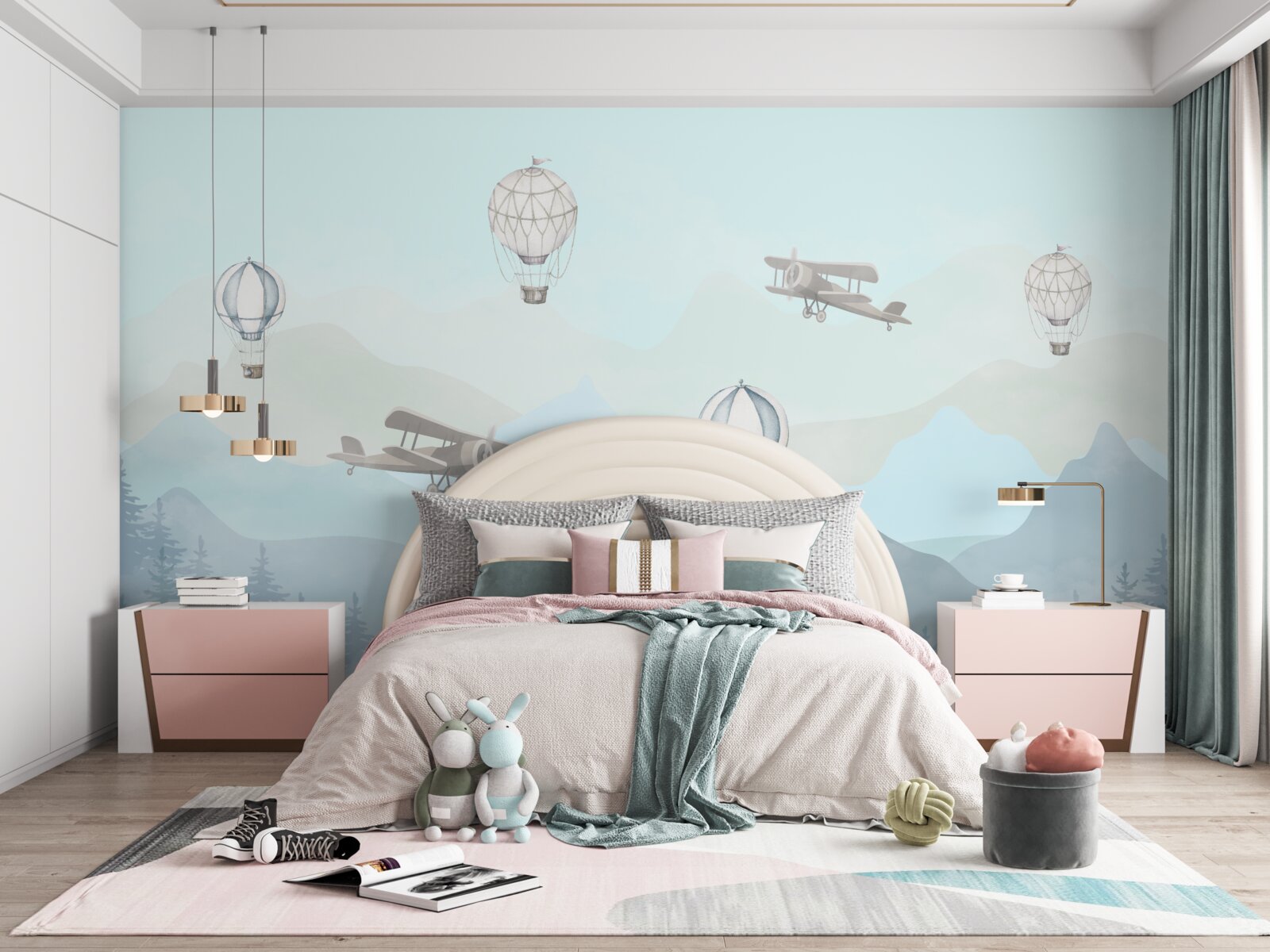 Fotobehang bergtoppen, ballonnen en vliegtuigen in de lucht