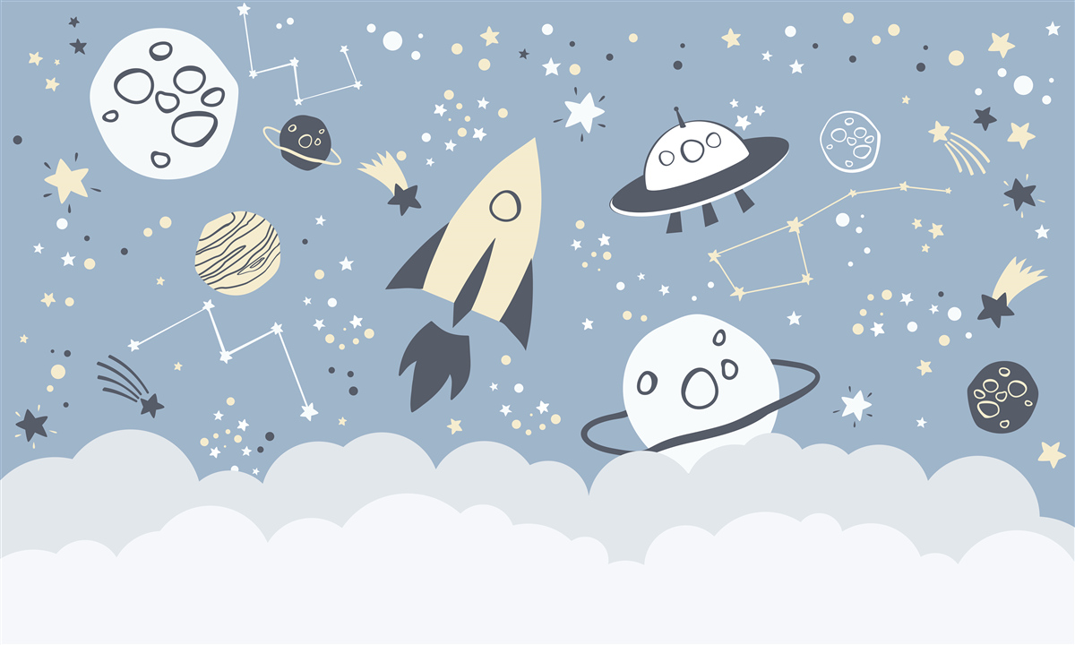 Fotobehang ruimteschip en ufo in het vacuüm van het heelal