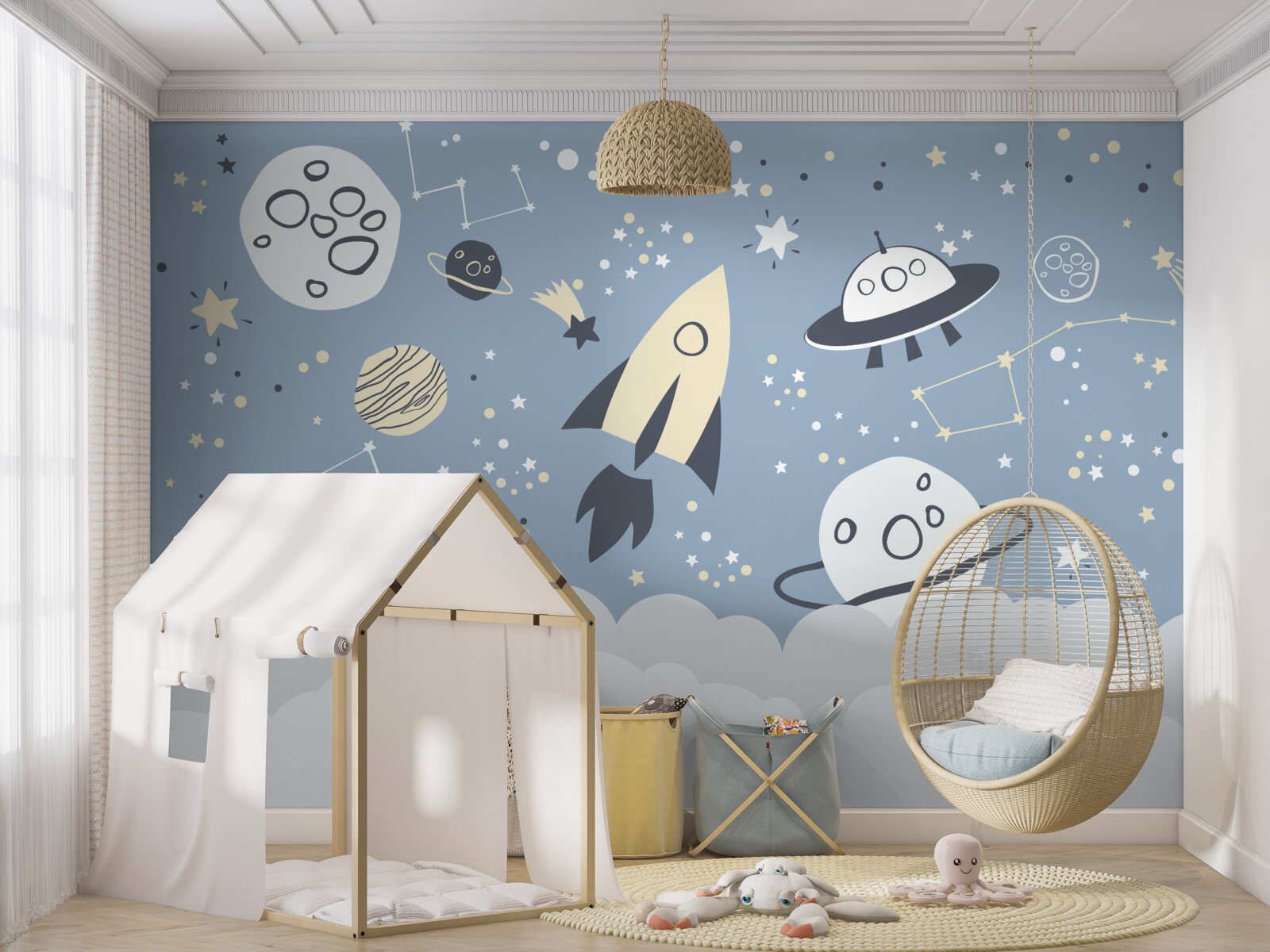 Fotobehang ruimteschip en ufo in het vacuüm van het heelal