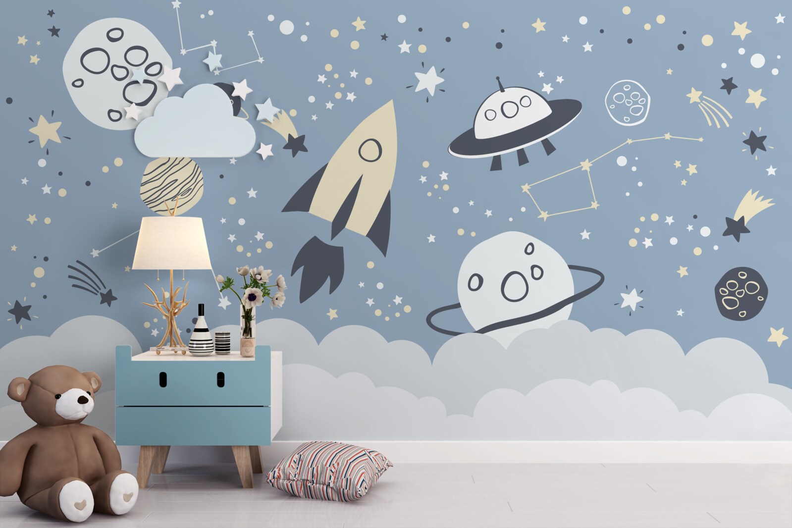 Fotobehang ruimteschip en ufo in het vacuüm van het heelal