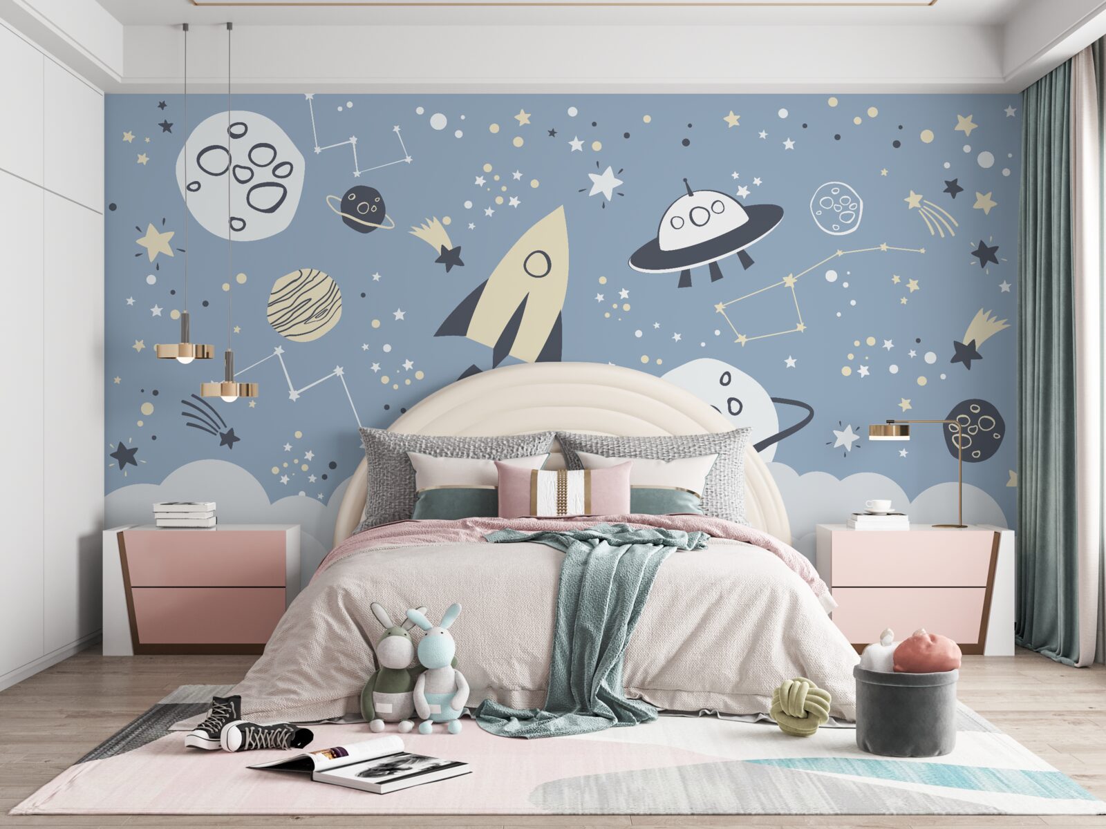 Fotobehang ruimteschip en ufo in het vacuüm van het heelal