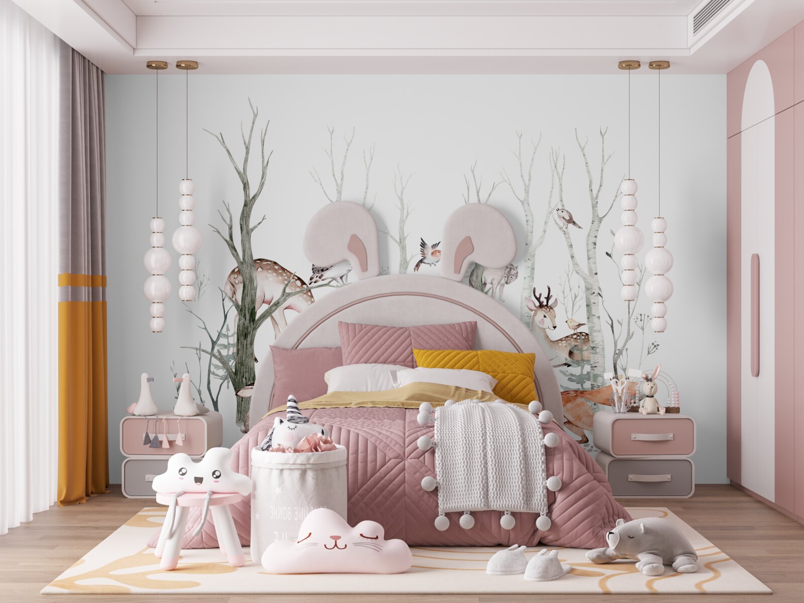 Fotobehang dieren in het bos afgebeeld in aquarelverf