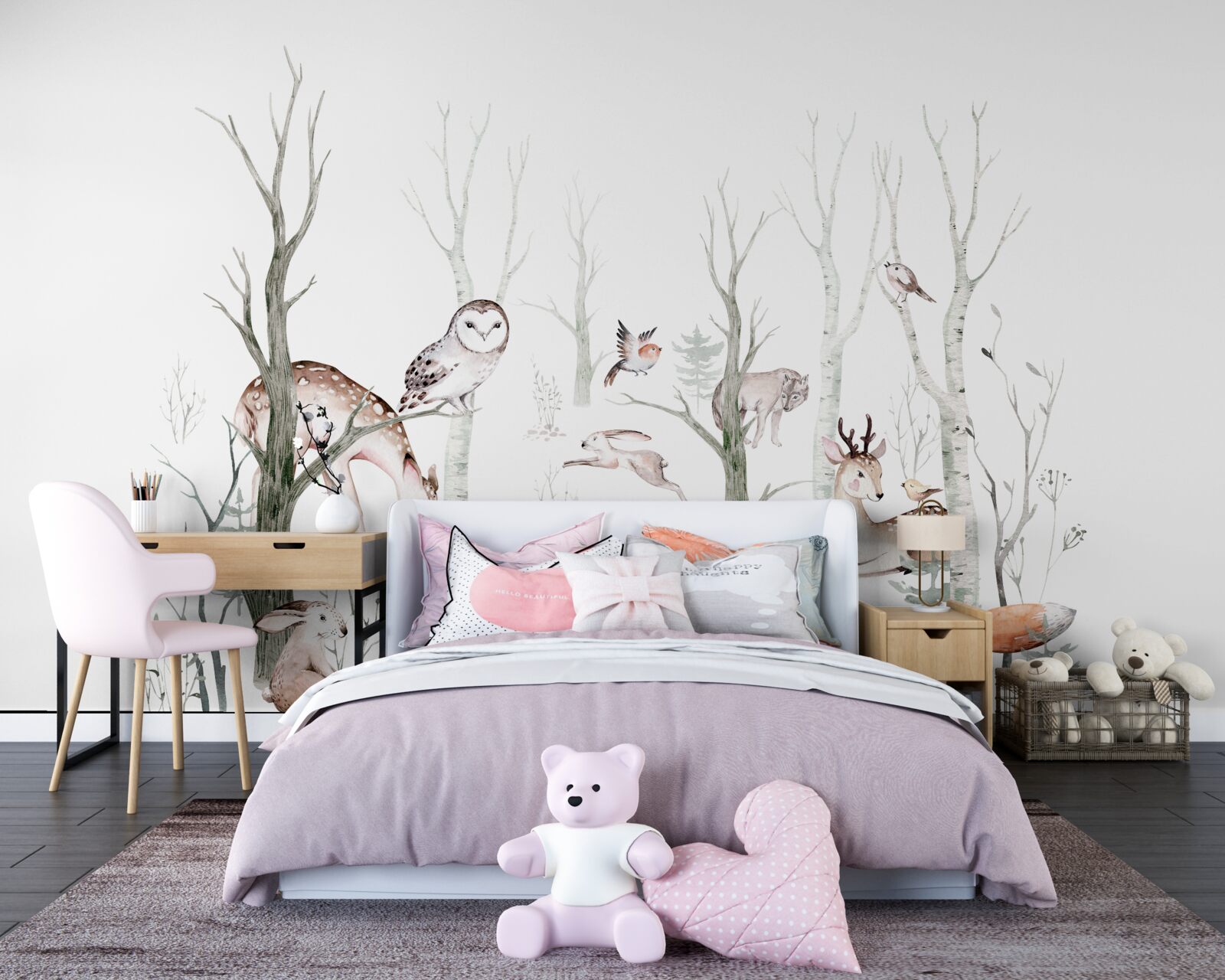 Fotobehang dieren in het bos afgebeeld in aquarelverf