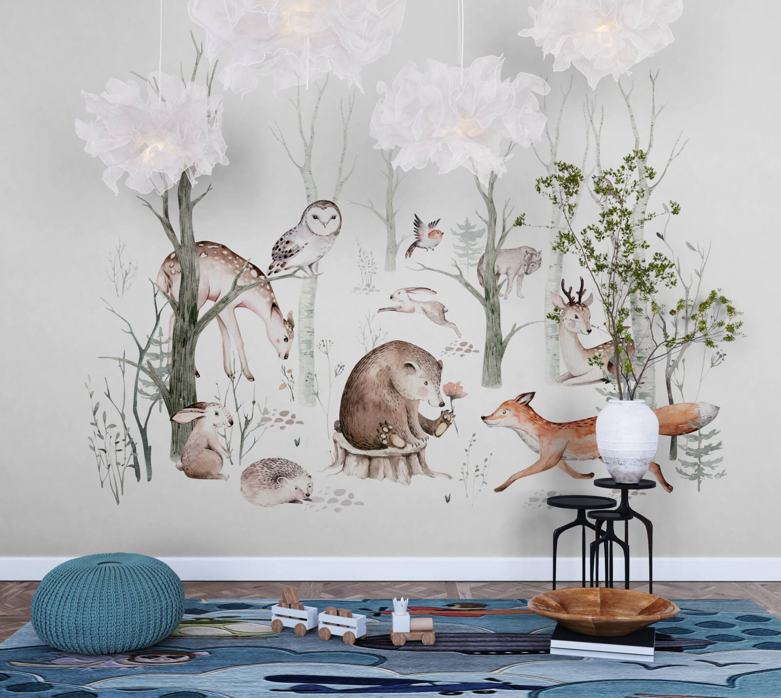 Fotobehang dieren in het bos afgebeeld in aquarelverf