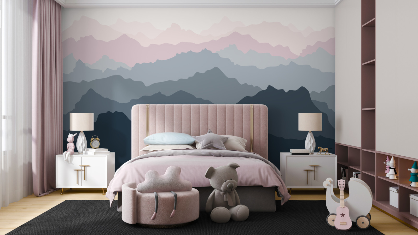 Fotobehang bergsilhouetten in verschillende tinten