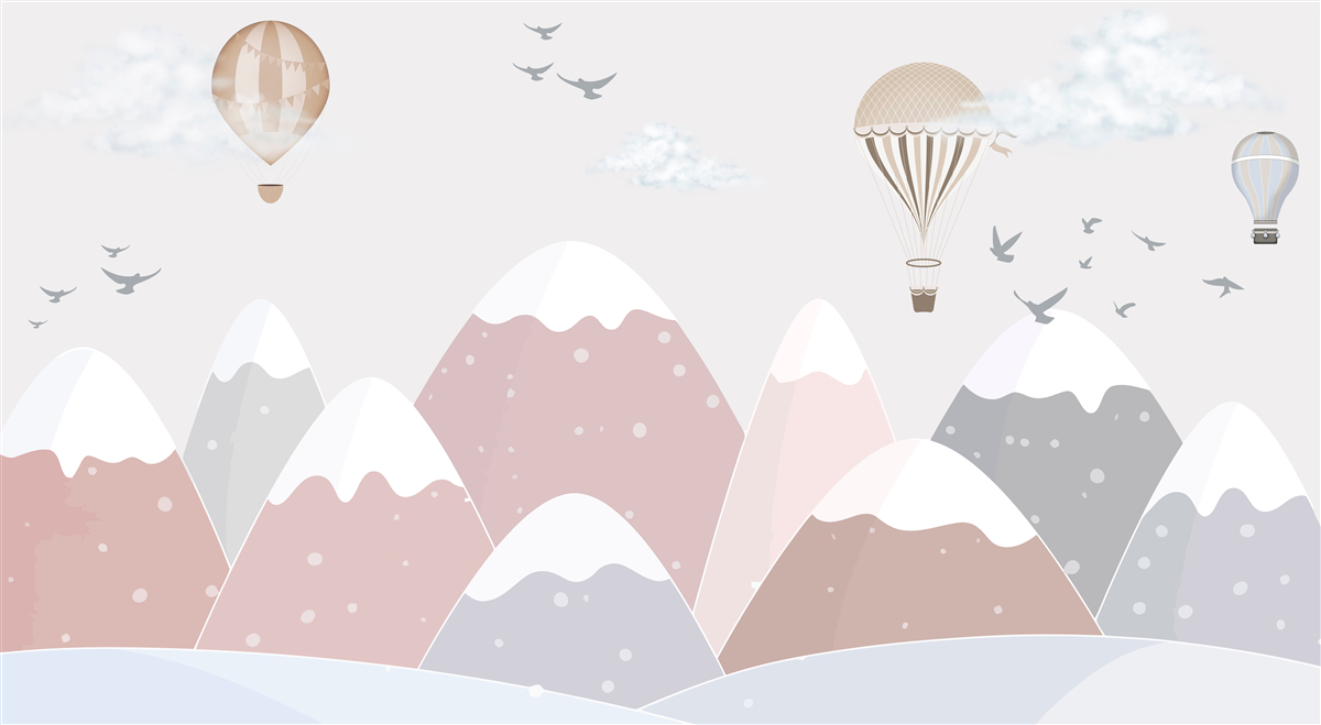 Fotobehang in de lucht zwevende ballonnen snijden door besneeuwde bergtoppen