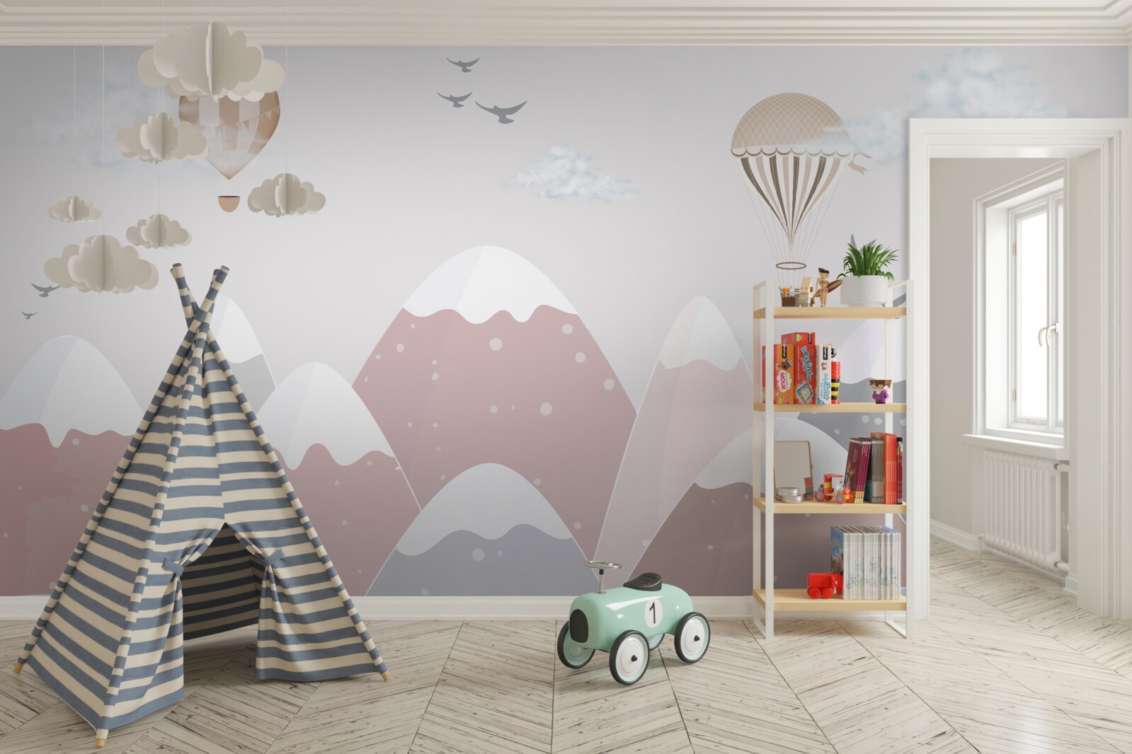 Fotobehang in de lucht zwevende ballonnen snijden door besneeuwde bergtoppen