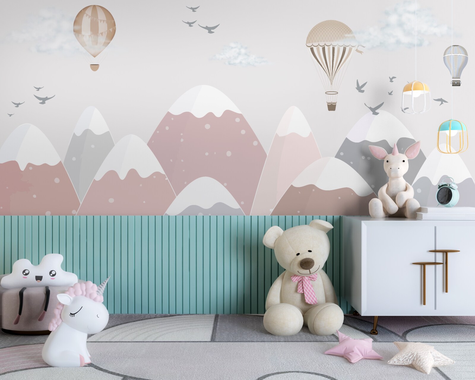 Fotobehang in de lucht zwevende ballonnen snijden door besneeuwde bergtoppen