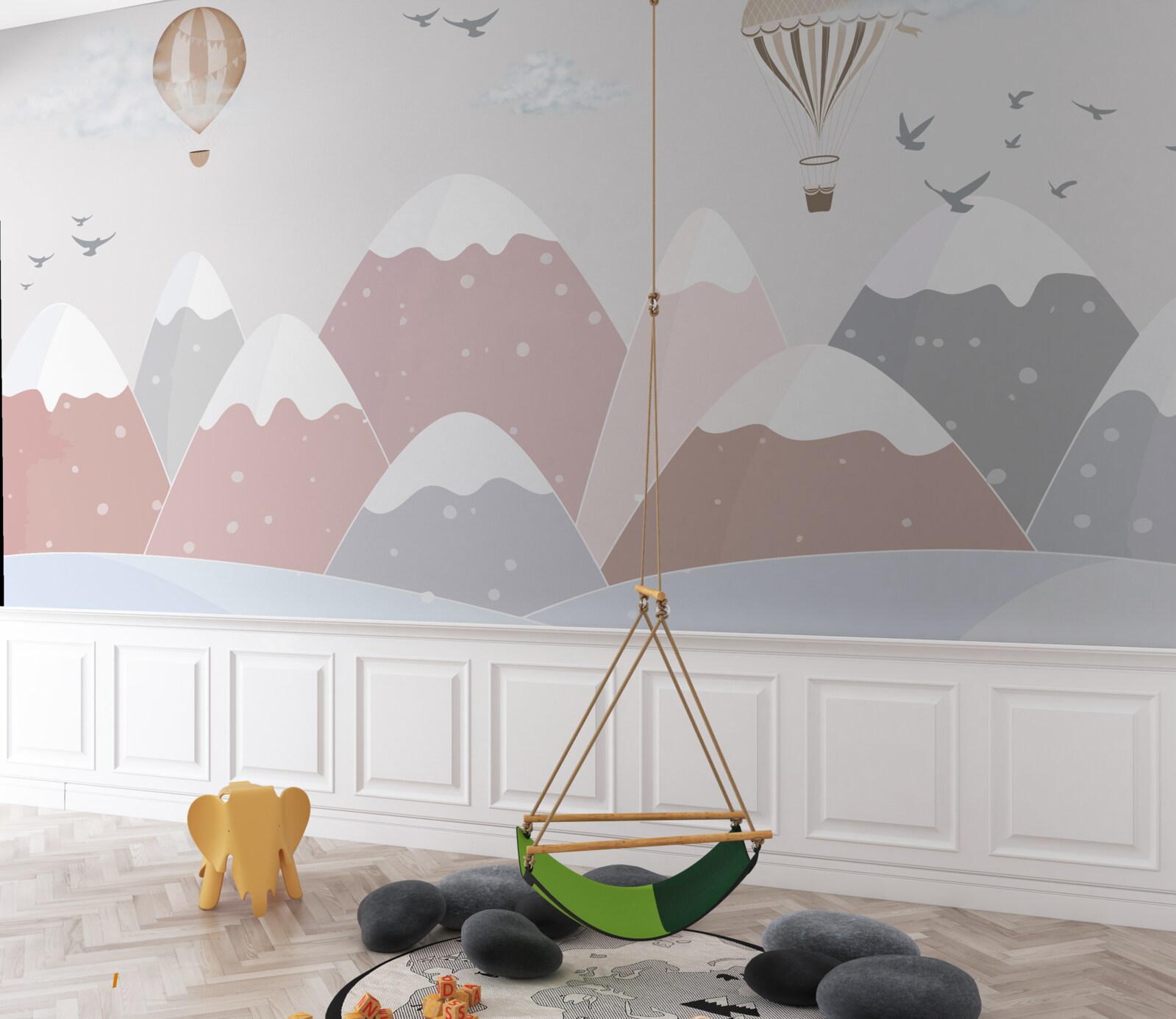 Fotobehang in de lucht zwevende ballonnen snijden door besneeuwde bergtoppen