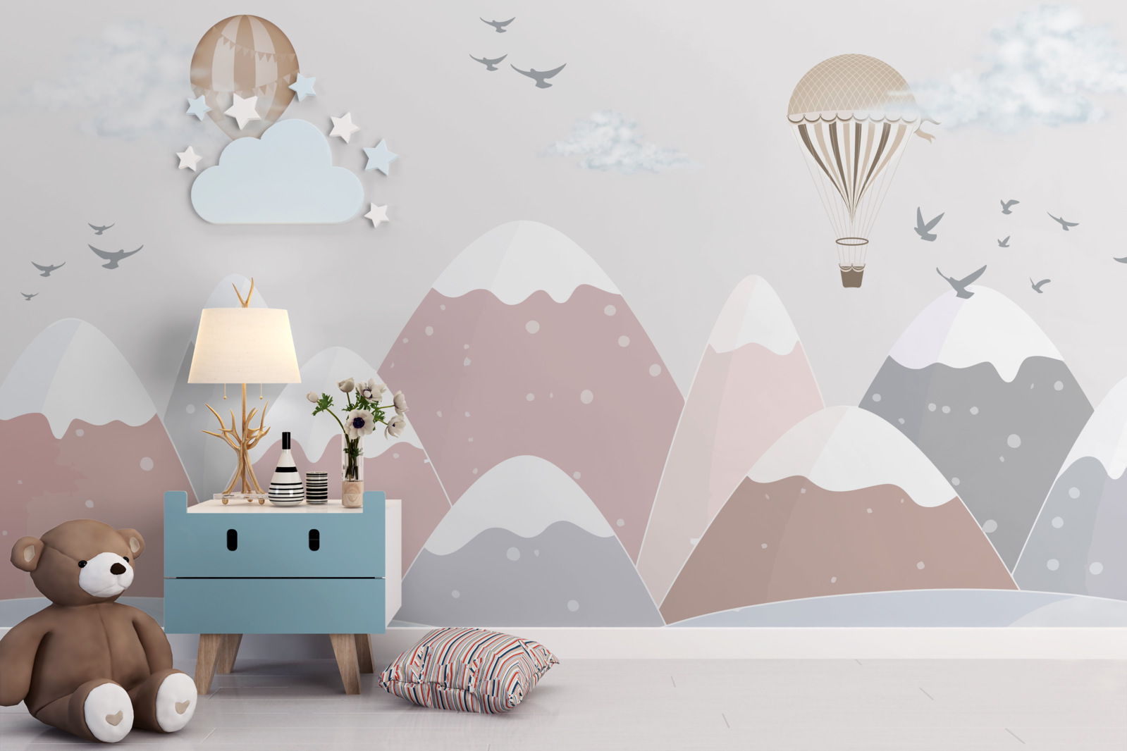 Fotobehang in de lucht zwevende ballonnen snijden door besneeuwde bergtoppen