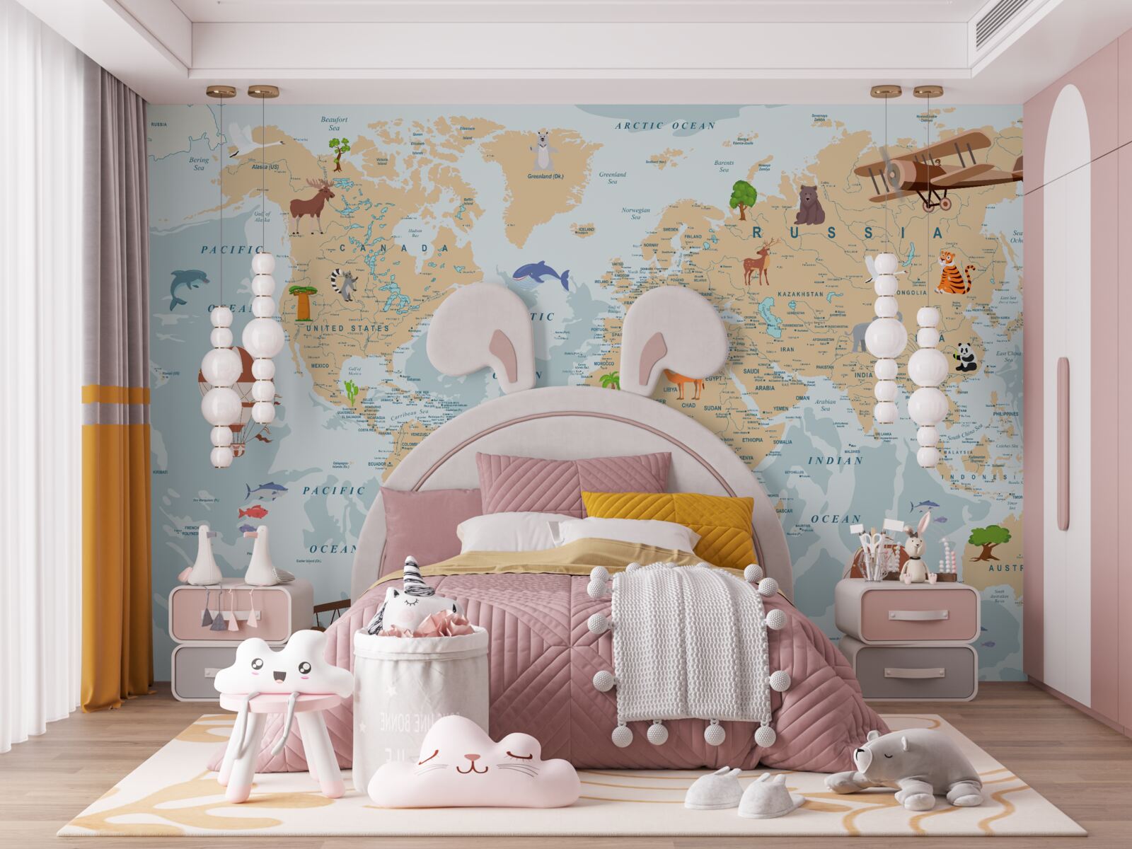 Fotobehang gedetailleerde geografische kaart van de wereld met verschillende afbeeldingen