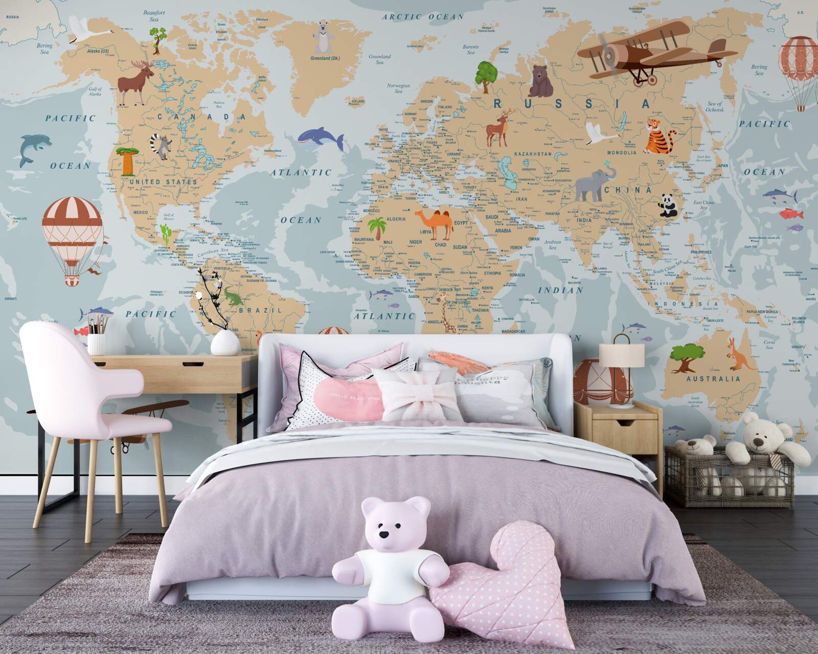 Fotobehang gedetailleerde geografische kaart van de wereld met verschillende afbeeldingen