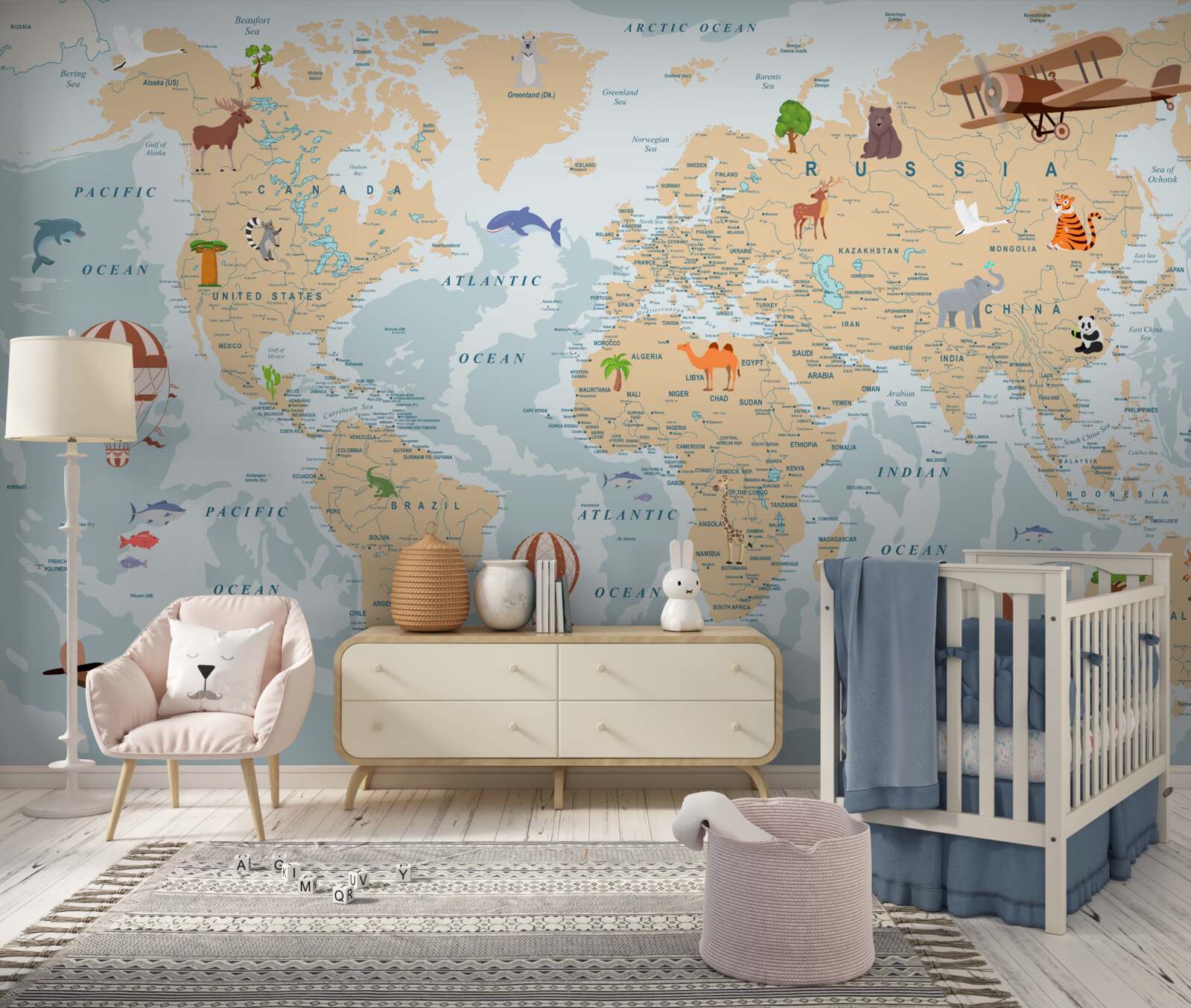 Fotobehang gedetailleerde geografische kaart van de wereld met verschillende afbeeldingen