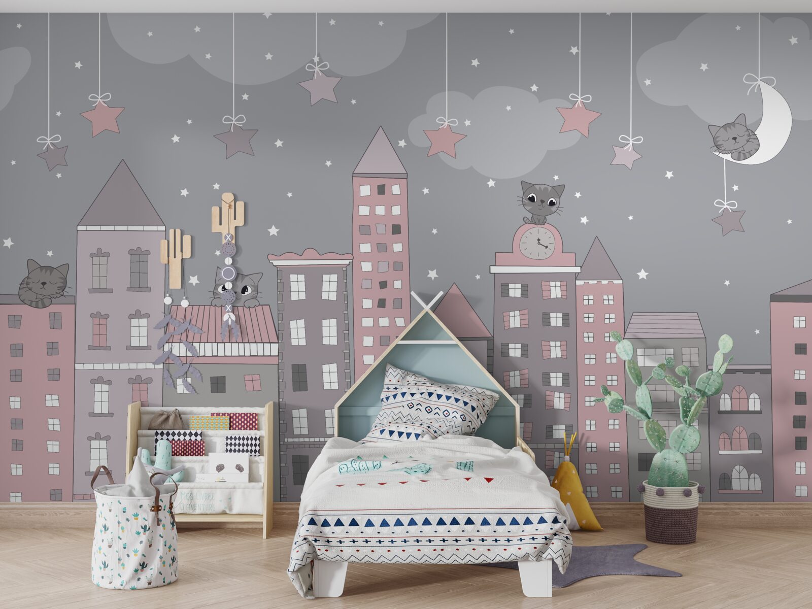 Fotobehang de daken van huizen zijn versierd met katten