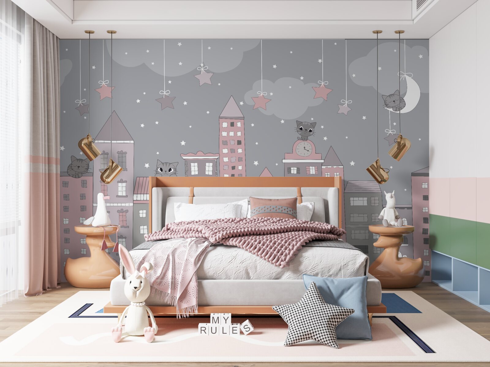 Fotobehang de daken van huizen zijn versierd met katten